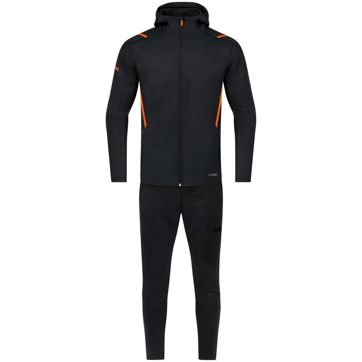 JAKO Freizeitanzug Challenge mit Kapuze (schwarz meliert/neonorange / Größe 36 / Damen)