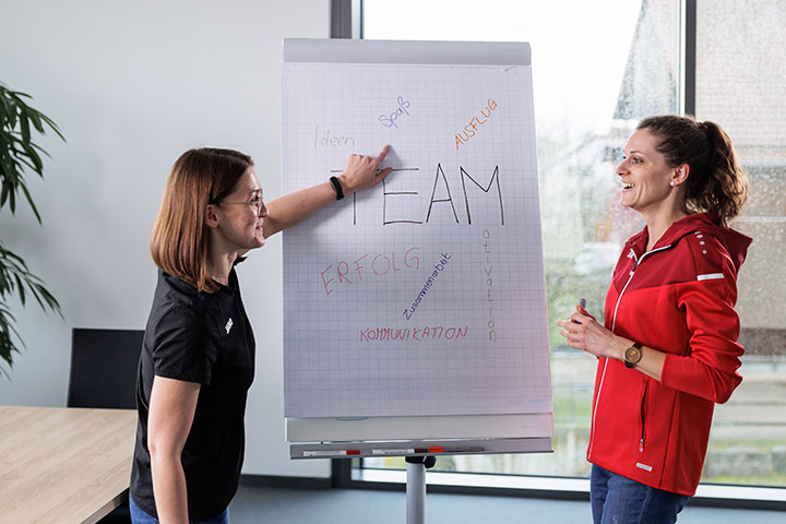 Mitarbeiterinen von JAKO stehen an einem Whiteboard und diskutieren über das Team